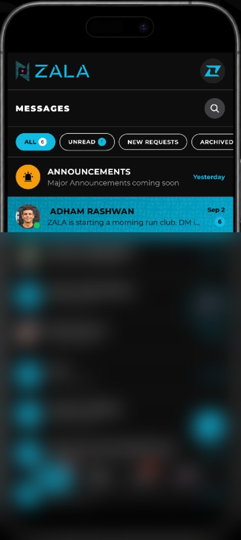 The ZALA messages screen