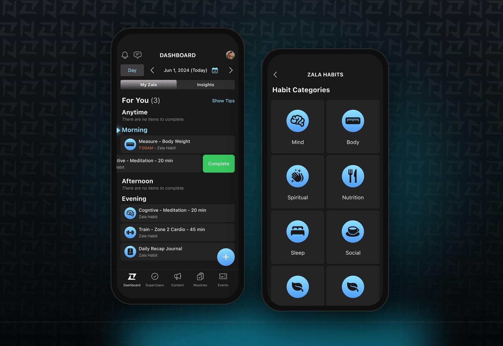 The member app: the day by time, and the habit categories